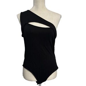 One-Shoulder Cut-Out Keyhole Black Bodysuit Stretchy Size XL NOBRAND